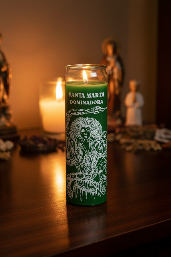 Martha Dominadora green 7 day candle in glass jar for domination rituals, spiritual work, and focused devotional use.