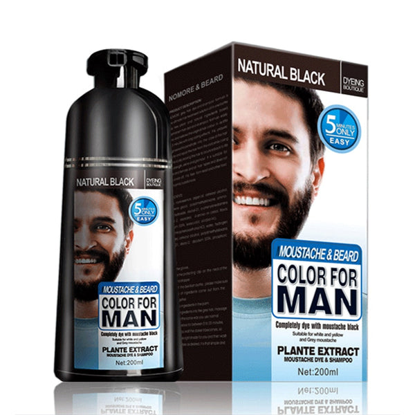 Natural Long Lasting Permanent Beard Dye Shampoo 200ml bottle for black beard and hair coloring.