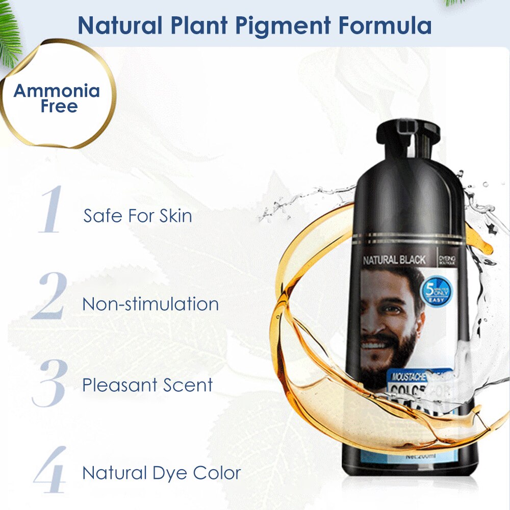 Natural Long Lasting Beard Dye Shampoo showing black color results on beard and hair coverage.