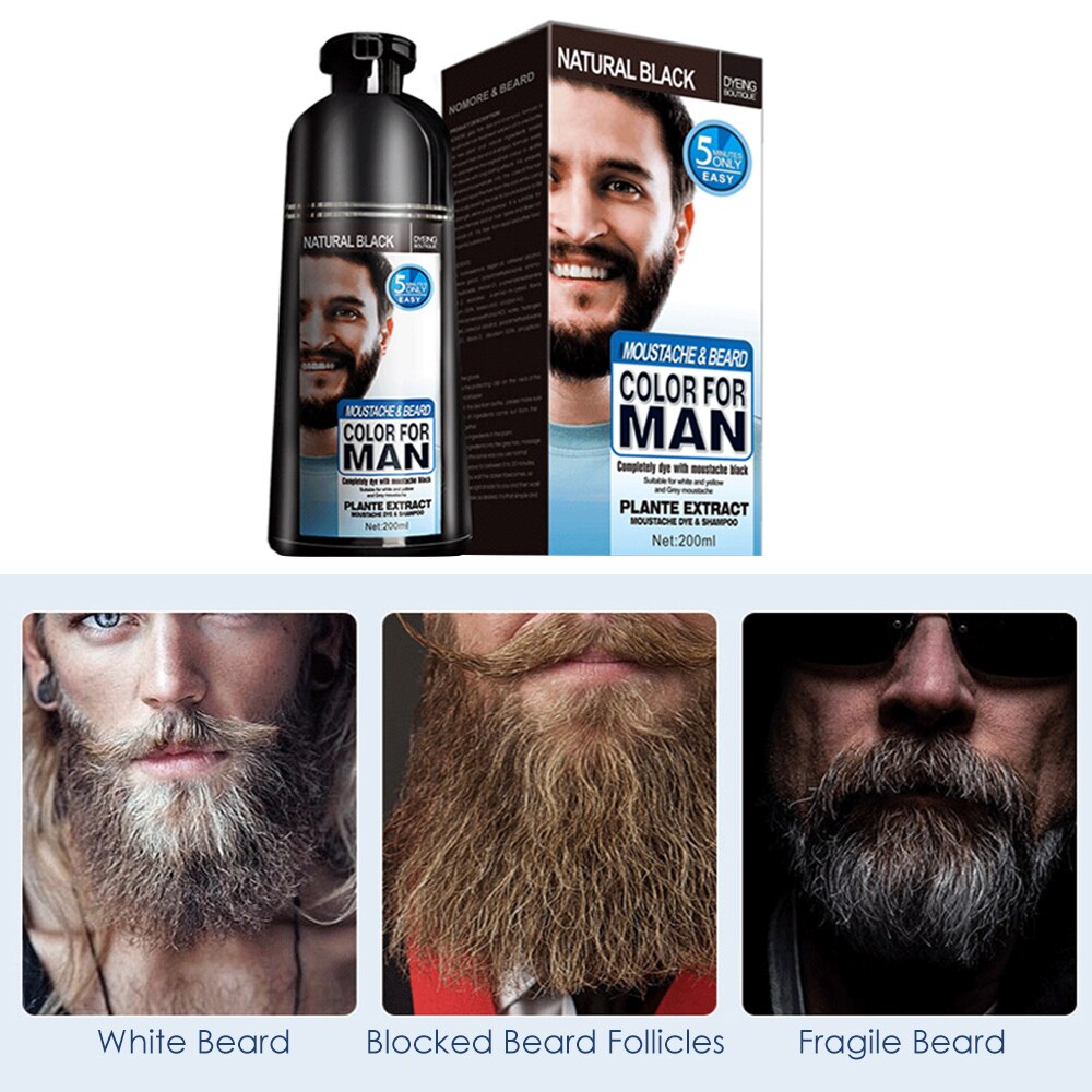 Natural Long Lasting Beard Dye Shampoo with henna, indigo, and black walnut ingredients for deep natural black color.