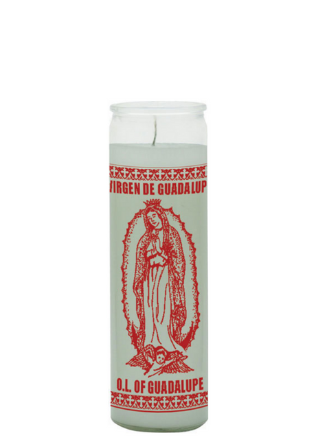 Our Lady of Guadalupe white 1 color 7 day candle in glass jar for prayer, devotion, and spiritual altar use.