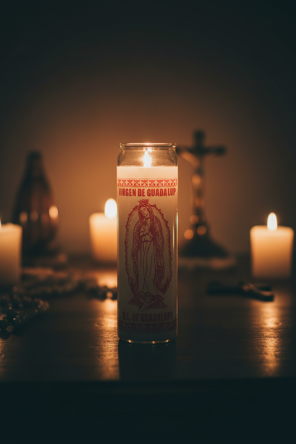 Our Lady of Guadalupe white 1 color 7 day candle in glass jar for prayer, devotion, and spiritual altar use.