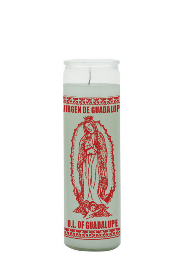 Our Lady of Guadalupe white 1 color 7 day candle in glass jar for prayer, devotion, and spiritual altar use.