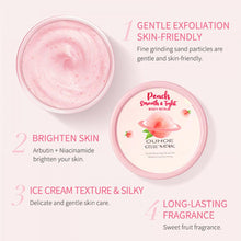 Peach Body Whitening Scrub 100g packaging front label with peach scent and brightening formula.