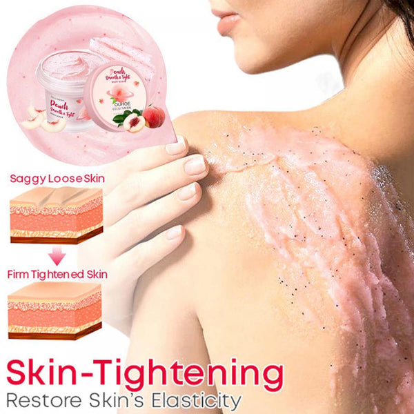 Peach Body Whitening Scrub 100g jar product display for brightening and exfoliating all skin types.
