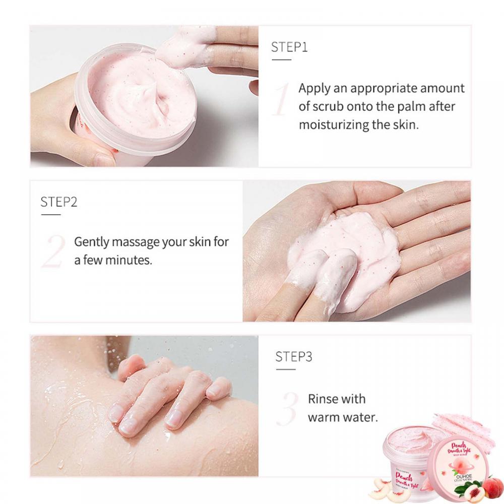 Peach Body Whitening Scrub fine exfoliating particle texture for gentle skin buffing and brightening.