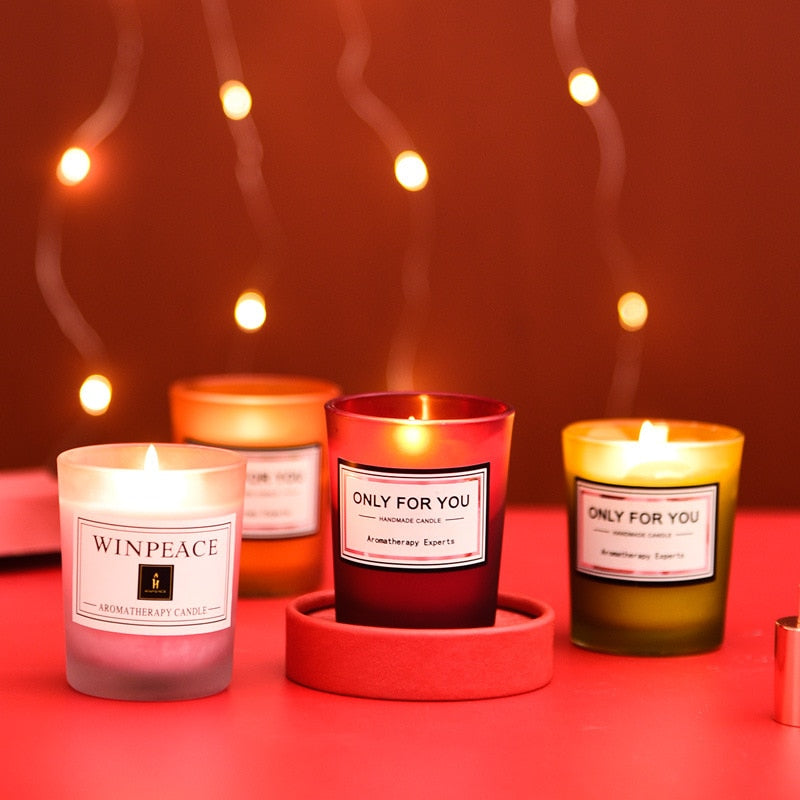 Relaxation candle in glass jar for unwinding, self-care routines, and peaceful home atmosphere.