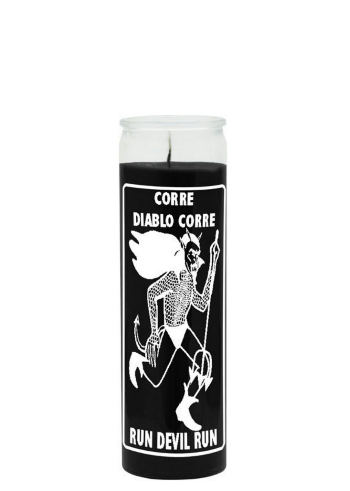 Run Devil Run black 7 day candle in glass jar for spiritual protection, reversal work, and ritual use.