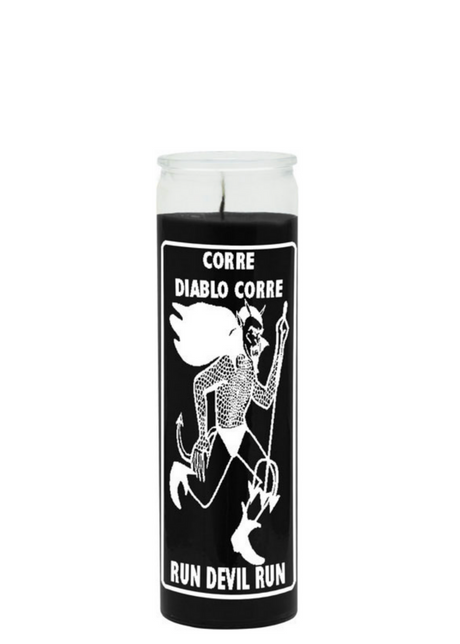 Run Devil Run black 7 day candle in glass jar for spiritual protection, reversal work, and ritual use.