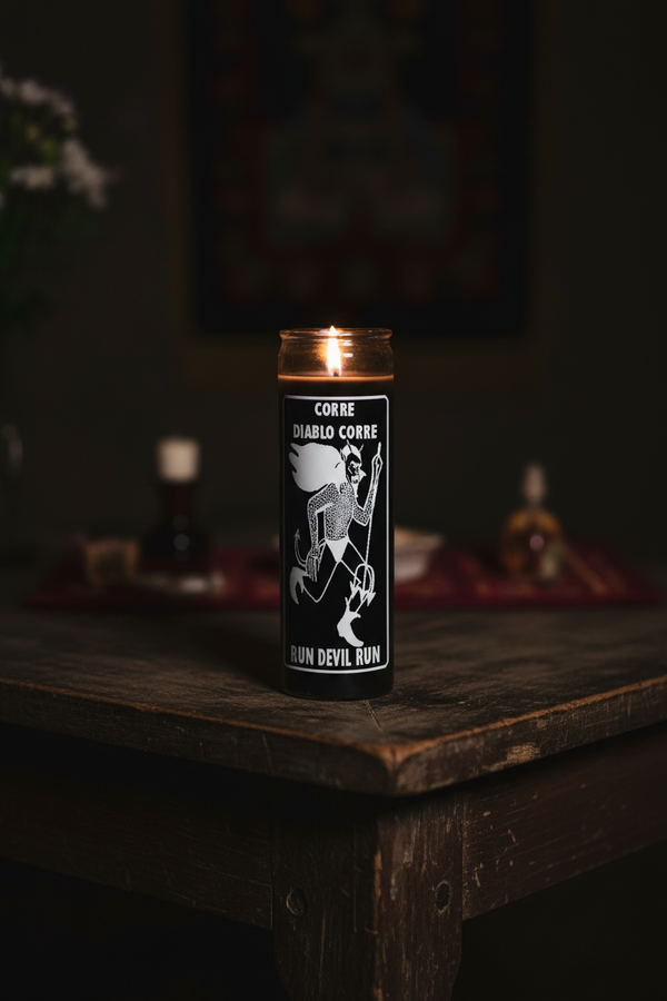 Run Devil Run black 7 day candle in glass jar for spiritual protection, reversal work, and ritual use.