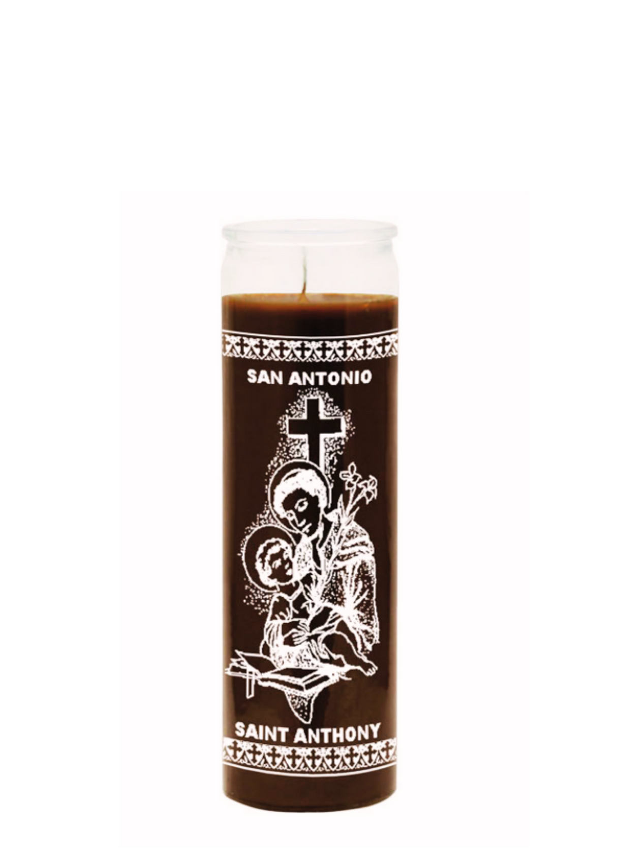 Saint Anthony brown 7 day candle glass jar candle for prayer, devotion, and spiritual altar use.