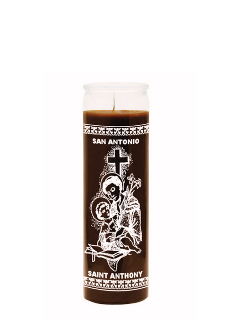 Saint Anthony brown 7 day candle glass jar candle for prayer, devotion, and spiritual altar use.