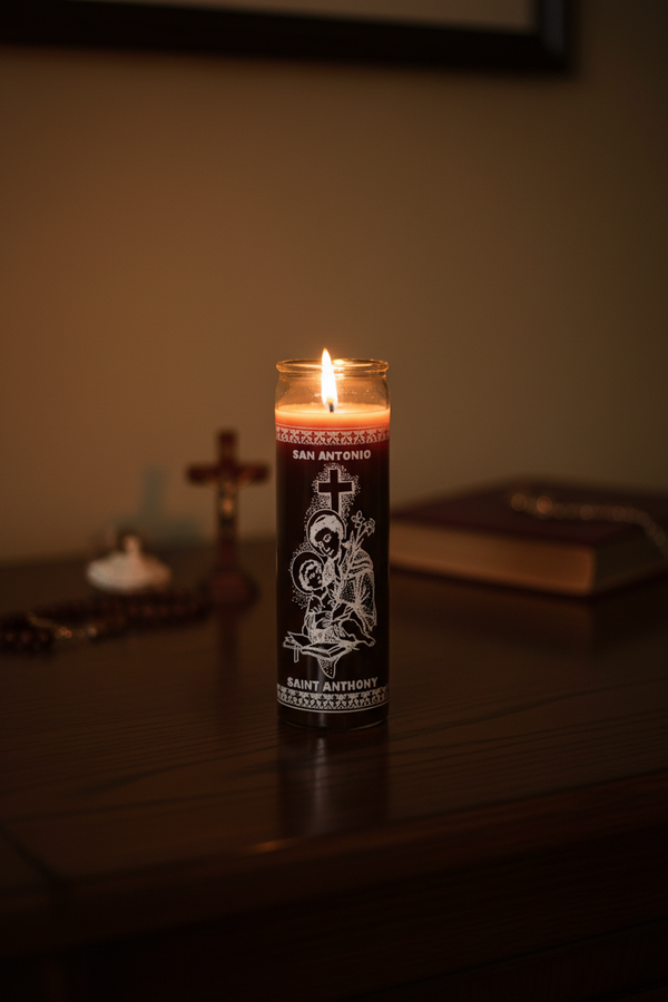 Saint Anthony brown 7 day candle glass jar candle for prayer, devotion, and spiritual altar use.