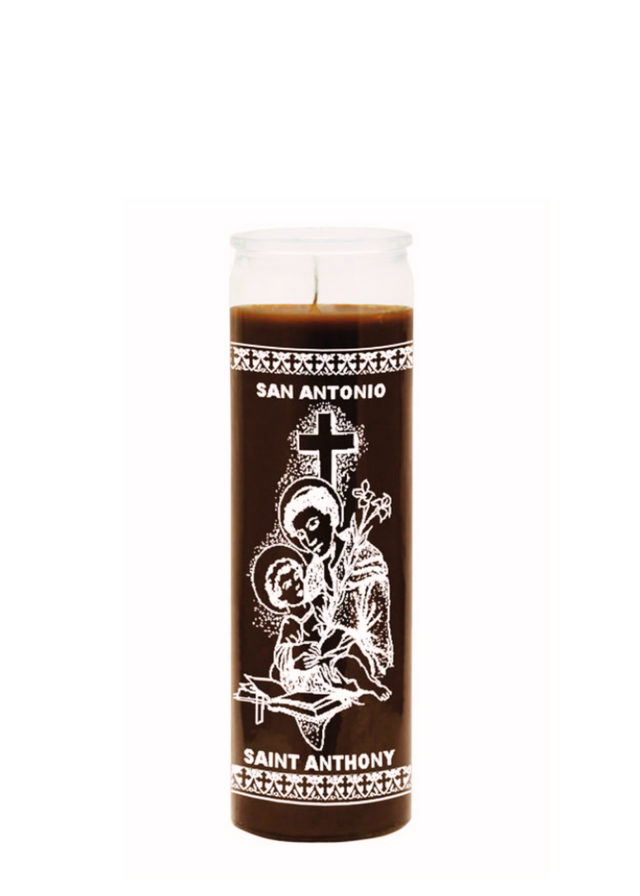 Saint Anthony brown 7 day candle glass jar candle for prayer, devotion, and spiritual altar use.