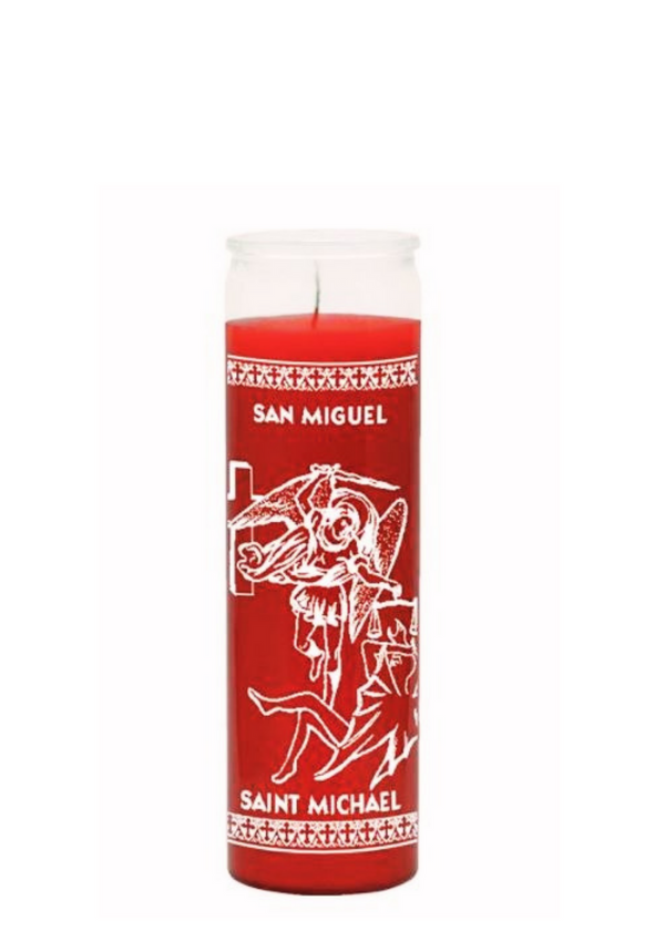 Saint Michael red 7-day candle for spiritual protection, peace, and prayer use.