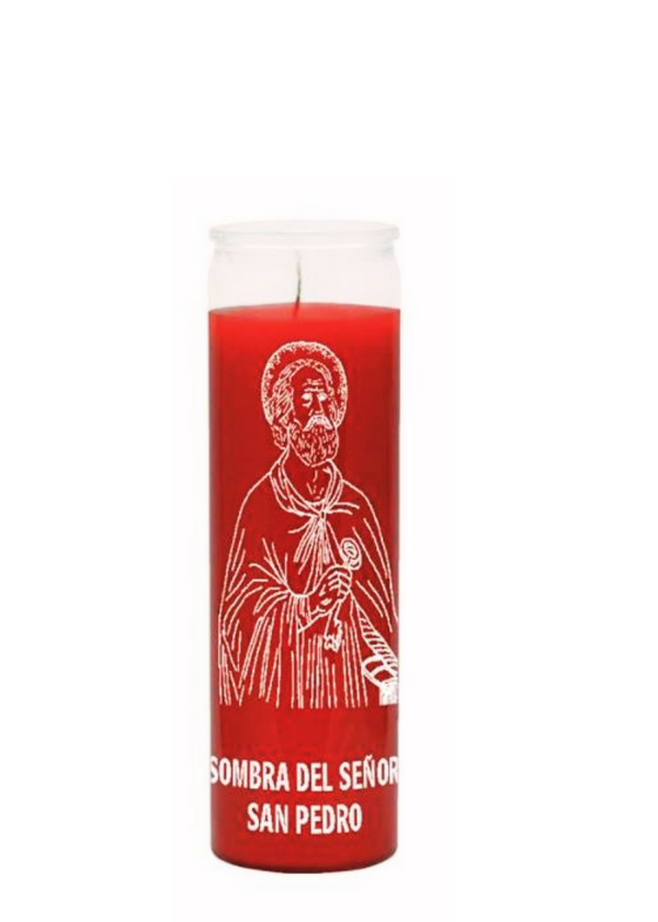 Saint Peter Shadow Red 7-Day Candle glass prayer candle for protection, strength, and devotional use.