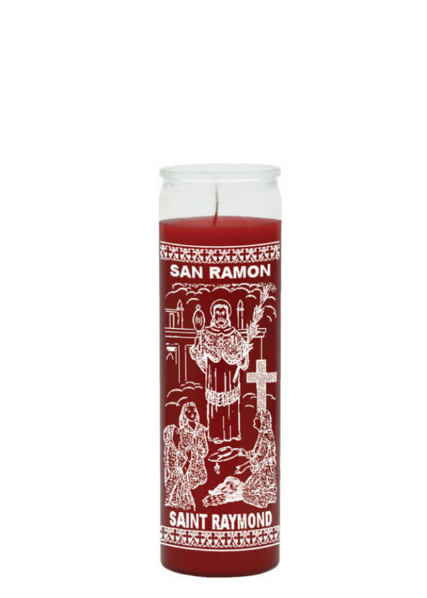 Saint Raymond Red 7-Day Candle glass prayer candle for strength, warmth, and devotional use.