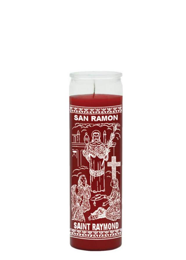Saint Raymond Red 7-Day Candle glass prayer candle for strength, warmth, and devotional use.