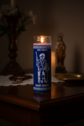 Saint Simon blue 7 day candle in glass jar for prayer, devotional use, and spiritual altar work.