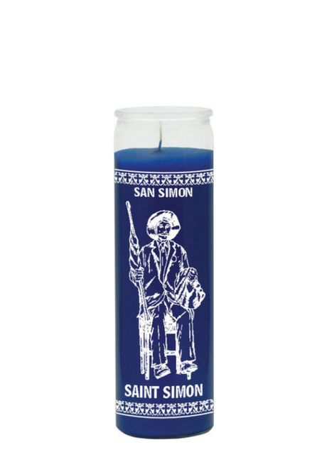 Saint Simon blue 7 day candle in glass jar for prayer, devotional use, and spiritual altar work.