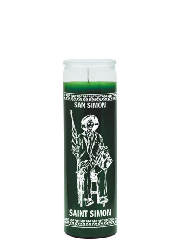 Saint Simon Green 7-Day Candle glass prayer candle for renewal, peace, and spiritual growth practice.