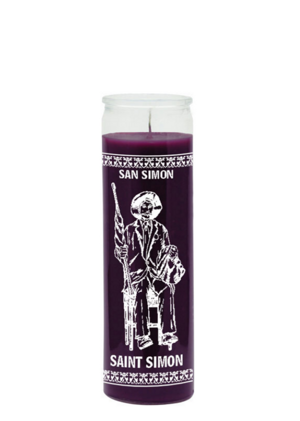 Saint Simon Purple 7-Day Candle glass prayer candle for balance, tranquility, and spiritual devotion.