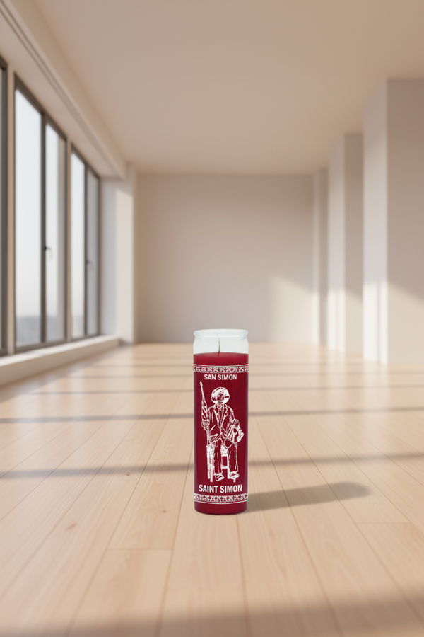 Saint Simon red 7-day candle in glass jar for courage, protection, and strengthening faith during prayer and devotional use.