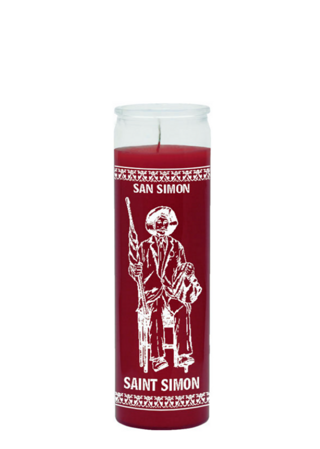 Saint Simon red 7-day candle in glass jar for courage, protection, and strengthening faith during prayer and devotional use.