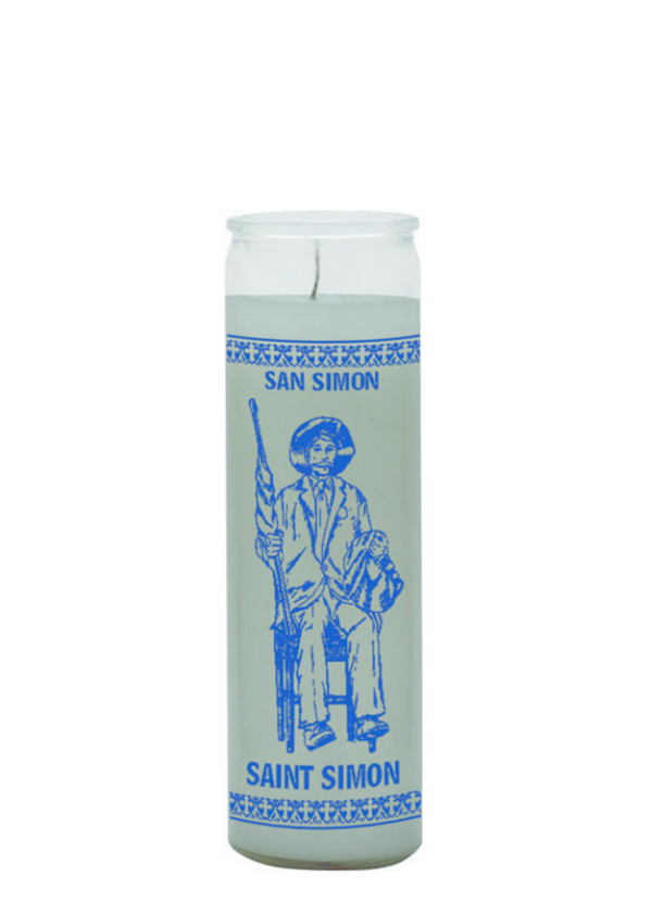 Saint Simon White 7-Day Candle glass prayer candle for peace, spiritual light, and devotional use.