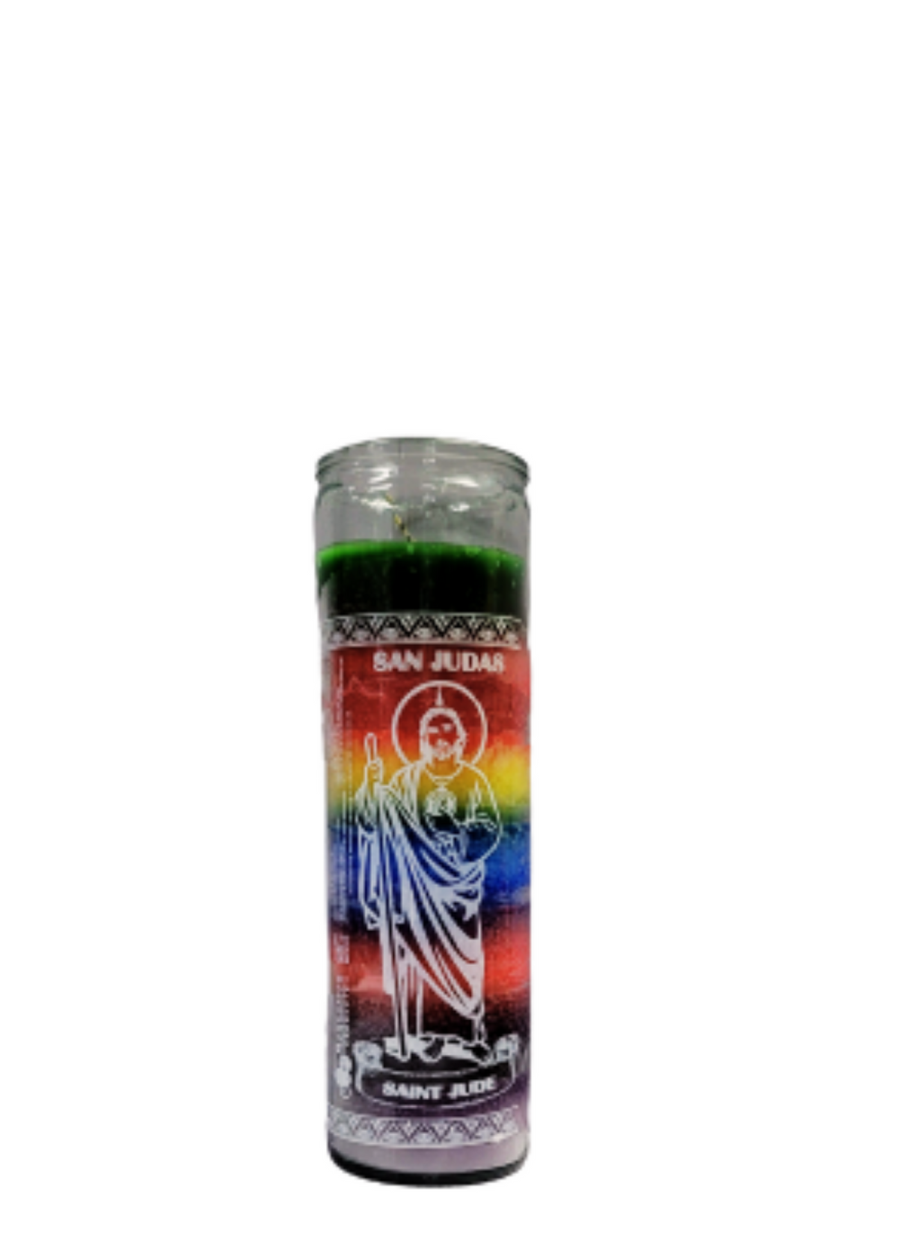 San Judas 7 color candle for prayer, spiritual protection, and devotional altar use.