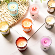 Scented aromatherapy candle in glass container for meditation, relaxation, and room freshening.