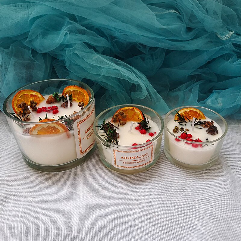 Scented soy candle in a glass cup for home fragrance, stress relief, and decorative display.