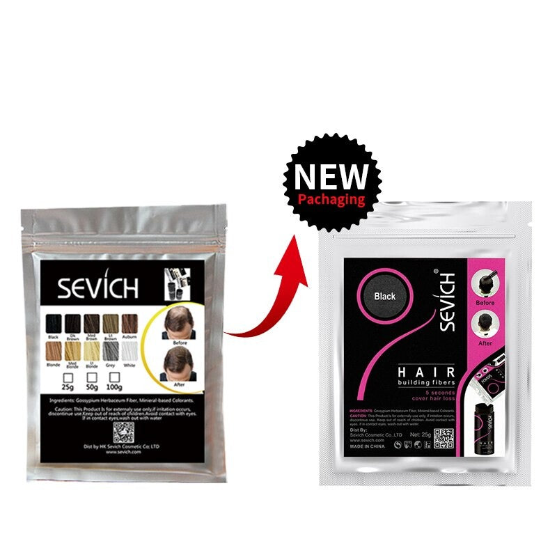 Sevich 100g Hair Building Fibers application method showing how to shake and pat fibers onto scalp.