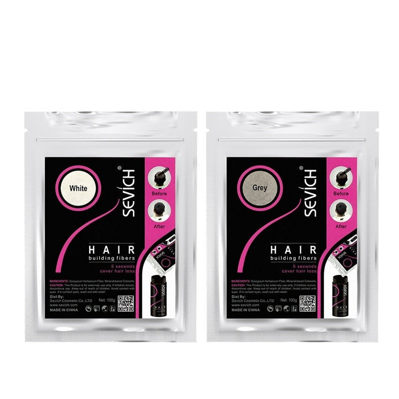 Sevich 100g Hair Building Fibers refill pack size comparison showing large quantity for extended use.