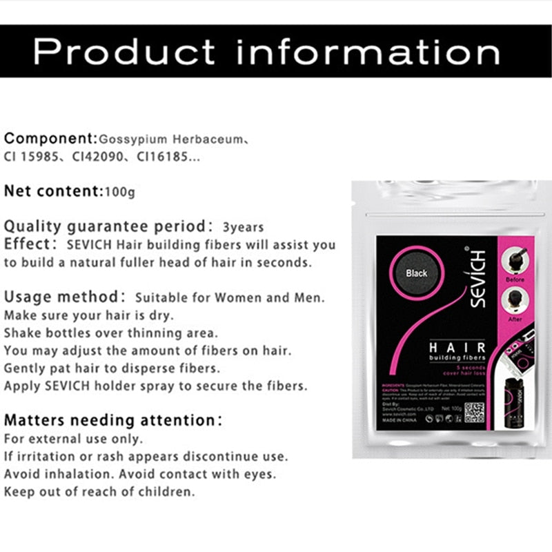 Sevich 100g Hair Building Fibers covering bald spot and thinning area on scalp for fuller-looking hair.