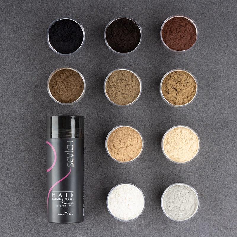 Sevich Hair Building Fibers Keratin available in 10 natural hair shades.