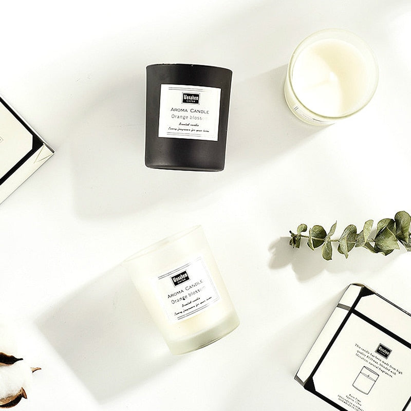 Smokeless scented candle glass jars for bedroom decor, stress relief, and long-lasting fragrance use.