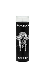 Tapa Boca Shut Up Black 7-Day candle for silencing negativity, gossip, and unwanted talk.