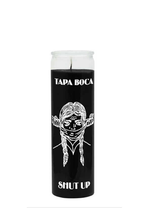 Tapa Boca Shut Up Black 7-Day candle for silencing negativity, gossip, and unwanted talk.