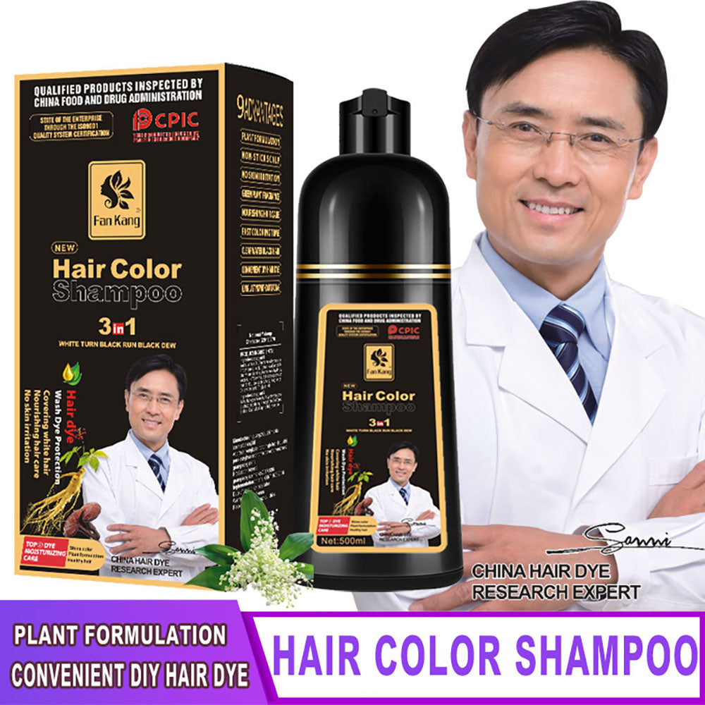 500ml 3 In 1 Black Hair Color Shampoo bottle on white background.