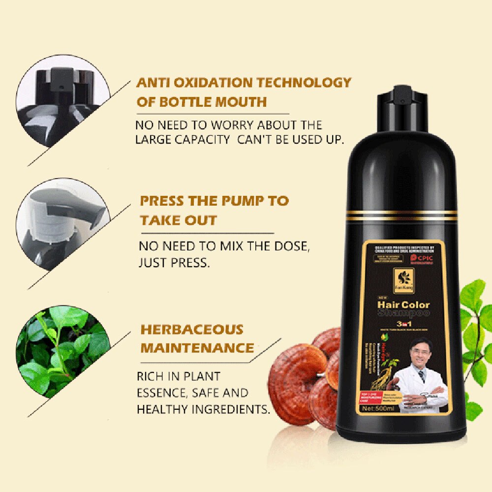 500ml 3 In 1 Black Hair Color Shampoo before and after gray coverage results.