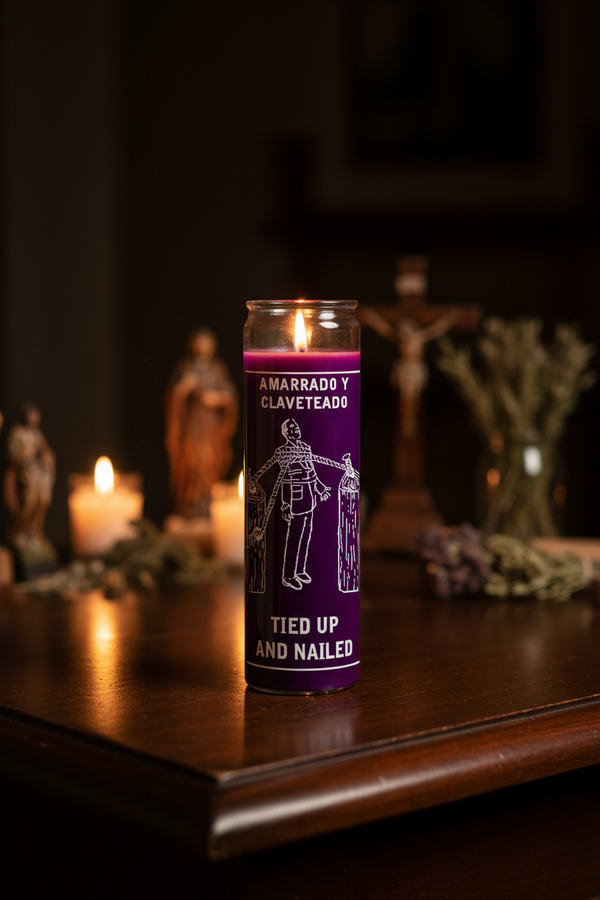 Tied Up & Down purple 1 color 7-day candle in a glass jar for spiritual work, ritual focus, and devotional candle burning.