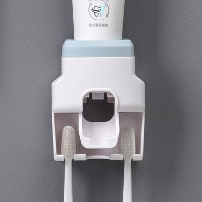 Wall Mount Automatic Toothpaste Dispenser product packaging showing features and installation guide.