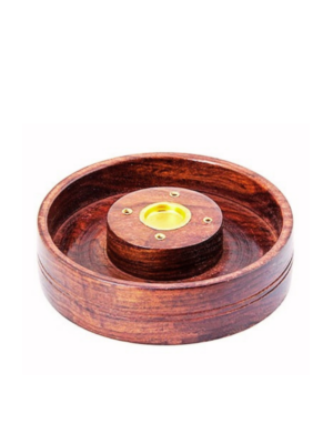 Carved Round Wooden Plate Incense Sticks & Cone Burner