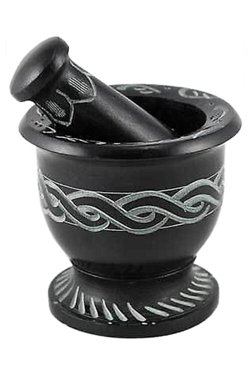 Black Soapstone Mortar & Pestle Carved Celtic Knot