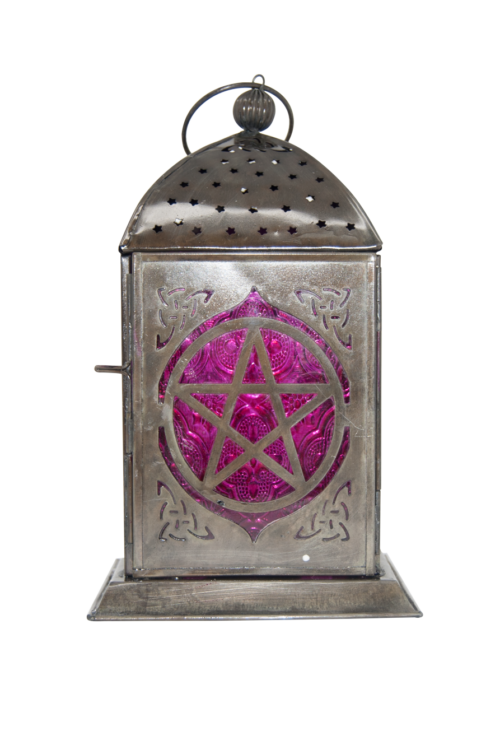 Candle Lantern – Pentacle, Black Antique with Purple Windows 4.5″ x 9″