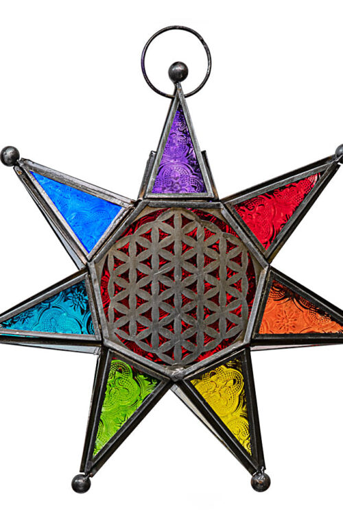 Chakra Star w/ Flower of Life T-Light Glass & Metal Lantern