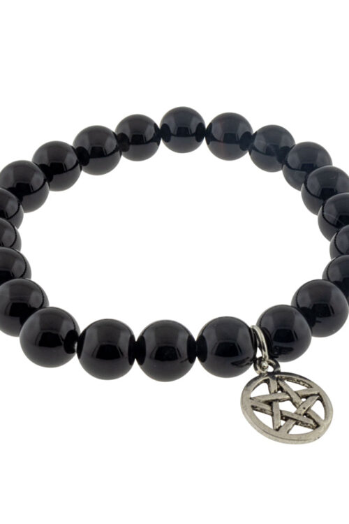 Elastic Bracelet 8mm Round Beads – Black Agate w/ Pentacle