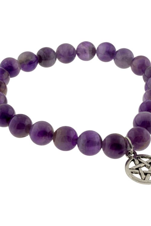 Elastic Bracelet 8mm Round Beads – Amethyst w/ Pentacle