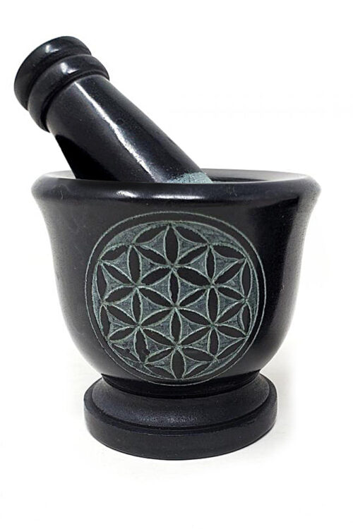 Flower of Life Carved Black Soapstone Mortar & Pestle 2.75″